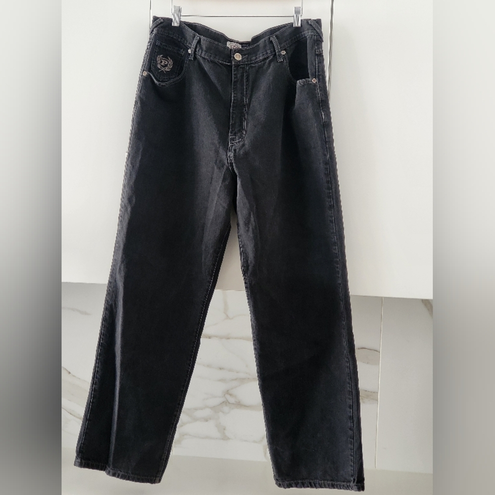 Phat Farm Vintage Black Denim Jeans. With Frayed And Ripped Hem Due To Wear